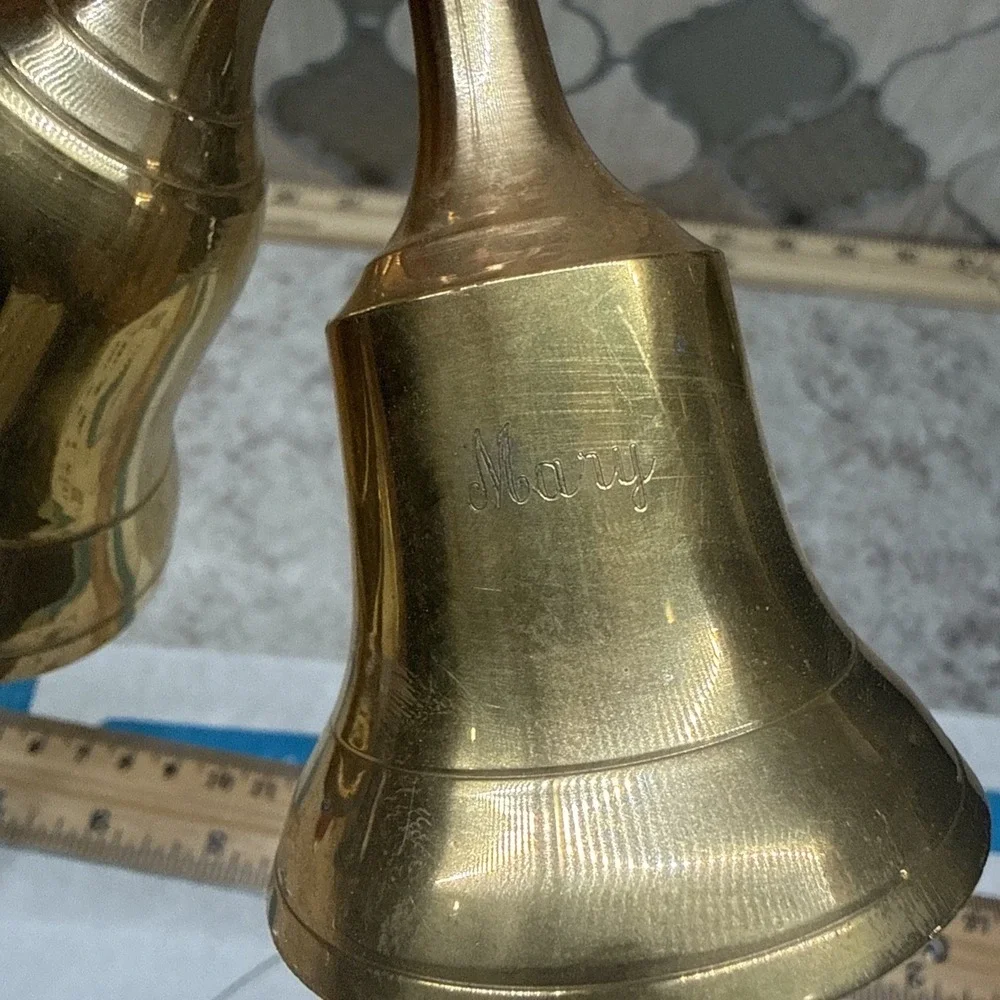 Vtg Enesco India Solid Brass Double Hand Bell Ornate Feather Handle 8.5